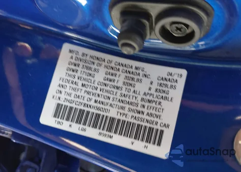 2019 Honda Civic Sport из США, поврежденный, VIN 2HGFC2F8XKH560201